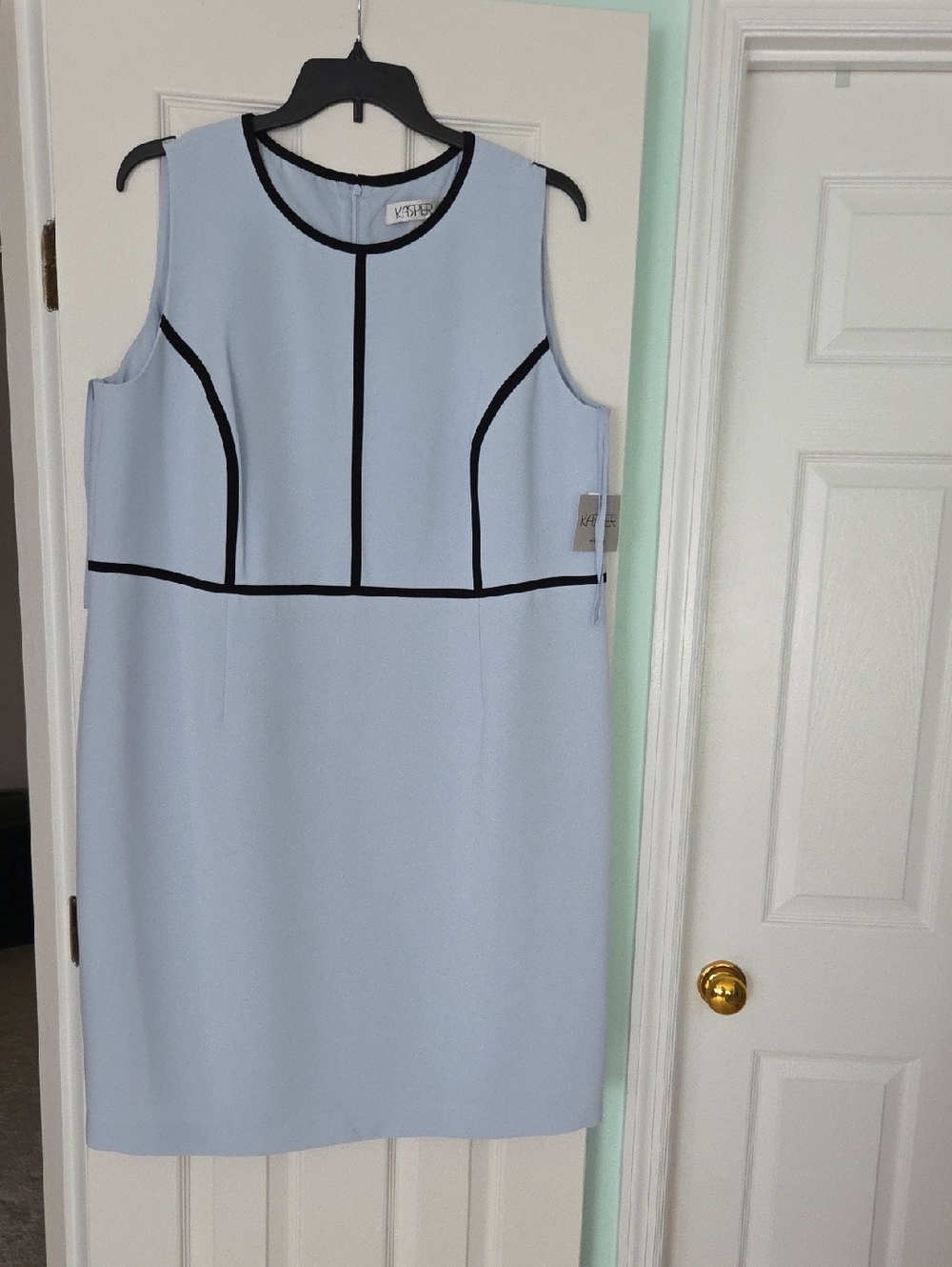 Kasper Light Blue Sleeveless Shift Dress with Black Trim